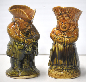 Lot 225 - Pair vintage c1880s Sharpe Bros English Majolica Toby Jugs - Mr &