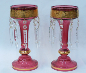 Lot 229 - Pair Vintage Bohemian Ruby & Gilt Lustres with Crystal prisms (1 m