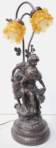 Victorian Style Bronzed Lamp - Boy & Girl on rocks fishing with Grape leaved