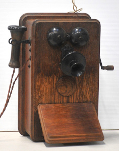 Lot 008 - Vintage Wall Mountable Telephone - Crank handle, Oak case w writing sl