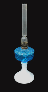 Lot 009 - Victorian oil lamp w cross hatched pressed blue glass font and opaic w