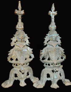 Lot 010 - Pair Heavy vintage c1890 cast Bronze Armorial Knight Andirons (Fire Do