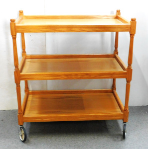 Lot 011 - Vintage 3 tiered light stained auto-trolley - 75cm W