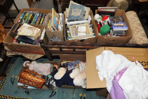 Lot 032 - 8 x Boxes of Mixed Goods incl Napery, Assorted Books, Sewing Accessori