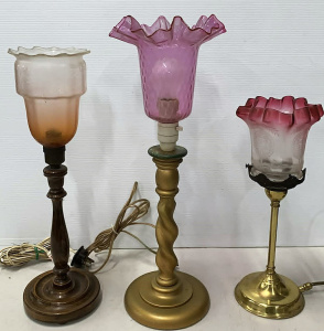 Lot 044 - 3 x Lamps with Victorian Glass Shades, Brass & Wooden Columns tall