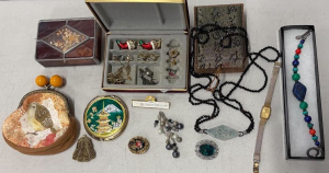 Lot 045 - Grp ladies items incl Costume jewellery, Seiko cocktail watch, purses,