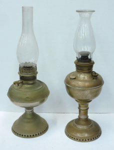 Lot 053 - 2 x Victorian stemmed metal oil lamps branded Miller and Rayo (52cm H)