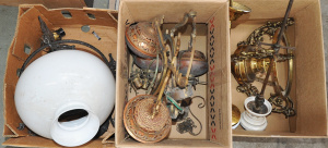 Lot 059 - Group of vintage light fittings and parts inc white glass and cast iro