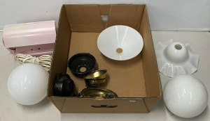 Lot 072 - Box lot of Lighting inc Duperite Pink Bakelite Baroness Bed Lamp, Glas