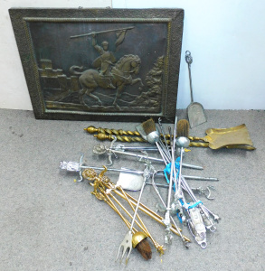 Lot 082 - Group of vintage af fire tools inc pressed brass screen, figural and o