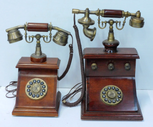 Lot 089 - 2 x Vintage Style Timber & Brass Decorator phones - Push button di