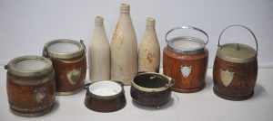 Lot 093 - Group of vintage oak barrel jars, ashtray etc and 3 x earthenware bott