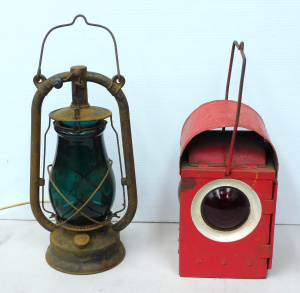 Lot 106 - 2 x vintage lanterns inc Artcraft red enamelled tri-directional railwa