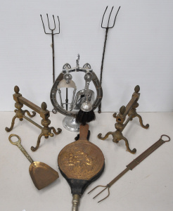 Lot 109 - Group of vintage fire tools and surrounds inc pair of brass fire dogs