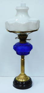 Lot 114 - Vintage Twin Burner Oil Lamp - Brass Column & Fittings - Blue gla