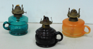 Lot 118 - 3 x Victorian coloured (blue 14cm H, purple) and painted (orange) glas
