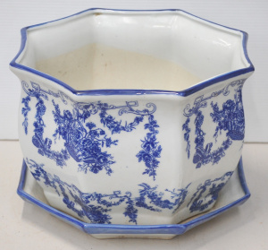 Lot 119 - Large Vintage Oriental Octagonal Blue & White Jardiniere & Sau