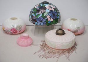 Lot 138 - Group of vintage glass light shades inc fringed tinted satin glass, Ti