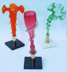 Lot 140 - 3 x Victorian Coloured glass Epergne Trumpets mounted in modern bases