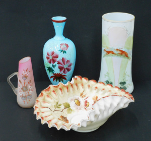Lot 145 - 4 pieces of Victorian hand painted glass inc 3 x vases, ruffle edged f