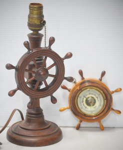 Lot 146 - Vintage ship's wheel mulga wood barometer and ship's wheel table lamp