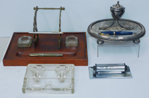 Lot 154 - Group lot vintage Writing Desk sets Inc Wooden & Brass Ink Well tr