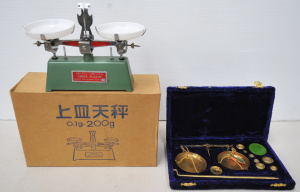 Lot 158 - 2 sets of vintage balance scales inc cased Indian brass jewellers scal