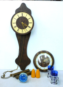 Lot 163 - Retro lot inc 3 x clocks inc Schatz round wall clock (24cm W), chrome