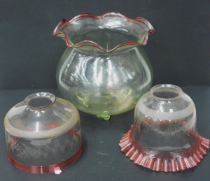 Lot 164 - 3 pieces of Victorian ruby ribboned clear glass inc large ruffle edged