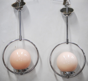 Lot 165 - Pair of Art Deco chrome light fittings with peach-pink glass ball ligh