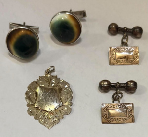 Lot 173 - Grp - Sterling silver medallion, pr silver Cats Eye operculum cufflin