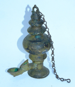 Lot 193 - 19thC Sri Lankan cast brass oil lamp with Makara (mythical creature) h