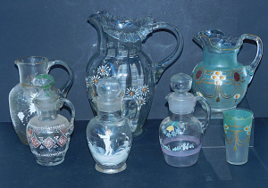 Lot 201 - Group of hand painted Victorian glass inc Mary Gregory (chips to rim s