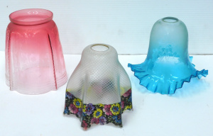 Lot 203 - 3 x vintage Victorian Glass Lamp shades - uby, Blue & patterned Fr