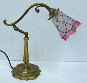 Lot 215 - Electrified Victorian Brass Lamp with hand painted frosted Clear to p