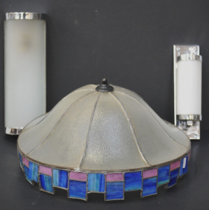 3 x Vintage Lighting incl Large Deco Leadlight Light Shades & 2 x Chrome Wal
