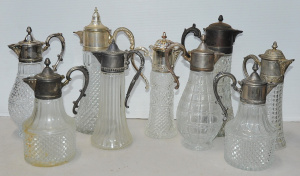 10 x vintage Glass & Crystal Claret Jugs - Ep, Pewter & White Metal Tops