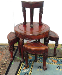 Lot 001 - 5 piece Chinese tea table w nesting stools carved in Victorian style w