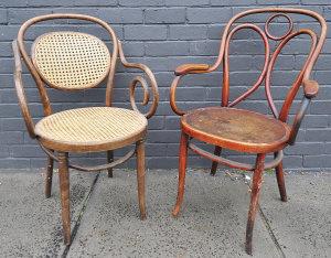 Lot 002 - 2 x vintage Thonet bentwood carvers inc rattan seat and back, pressed