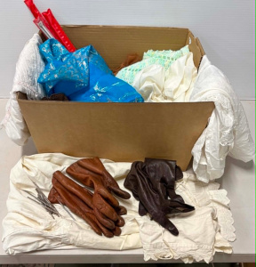 Lot 012 - Box lot - knitting needles, gloves, Sari, nighties, pantaloons, etc