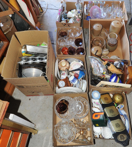 Lot 015 - 9 x Boxes of Mixed Goods incl Homewares, Crystal, Ceramics, EPNS, Ston