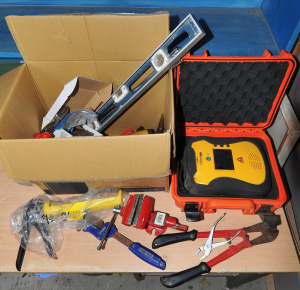 Lot 021 - Box Lot Assorted Tools, Hardware & Cased Lifeline View Defibrillat