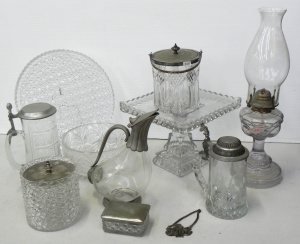 Lot 023 - Group lot of vintage pressed and cut glass and crystal inc Duck decant