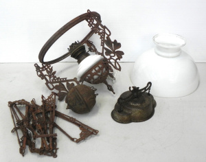 Lot 026 - Vintage cast iron banquet lamp (33cm W) with white glass shade and bra