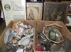 Lot 027 - 2 x Boxes Mixed inc Framed Chromolithograph St Joseph & Jesus, Pri