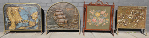 Lot 037 - 4 x vintage Fire Screens - 3 x embossed Brass + another in Ornate wood