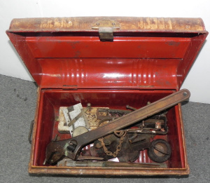 Lot 040 - Group of vintage tools and hardware in a pressed steel trunk (56cm W)