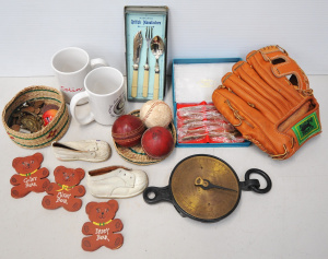 Lot 052 - Mixed Box Lot inc Vintage Salter England Spring Balance Scales, Buffal