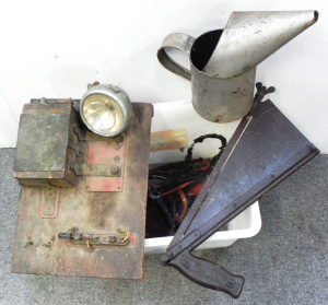 Lot 056 - Box lot of vintage tools and hardware inc Bakelite Ardo Ex-Ray car ign
