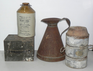 Lot 062 - Group lot of vintage blokey items inc metal canister w fitted wooden p